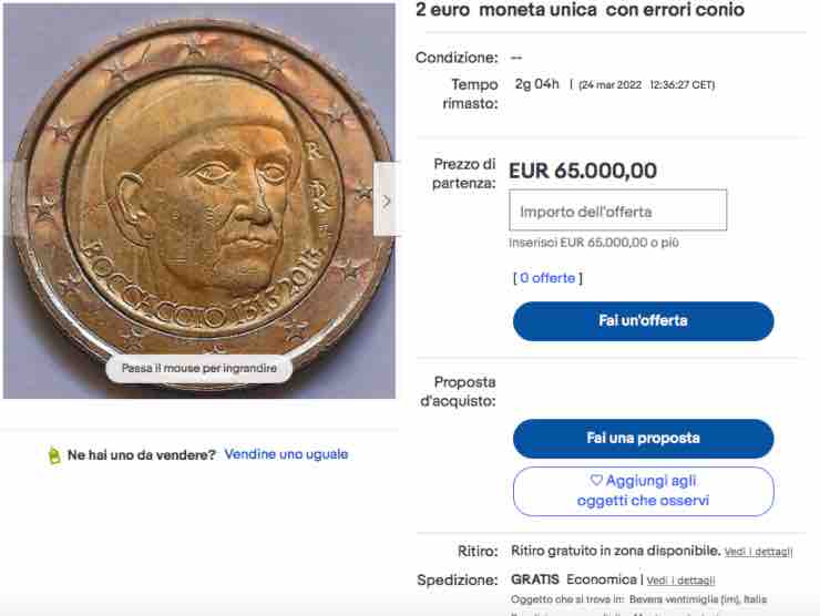 La moneta da 2 euro in vendita per 65.000 su ebay | Web Source